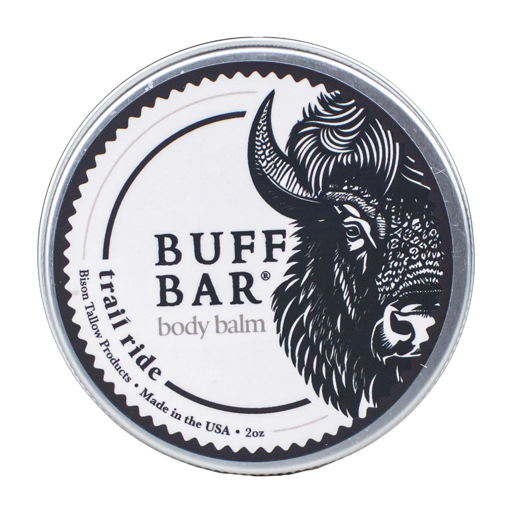 Big Crazy Buffalo Buff Bar Trail Ride tin for all‑over hydration.