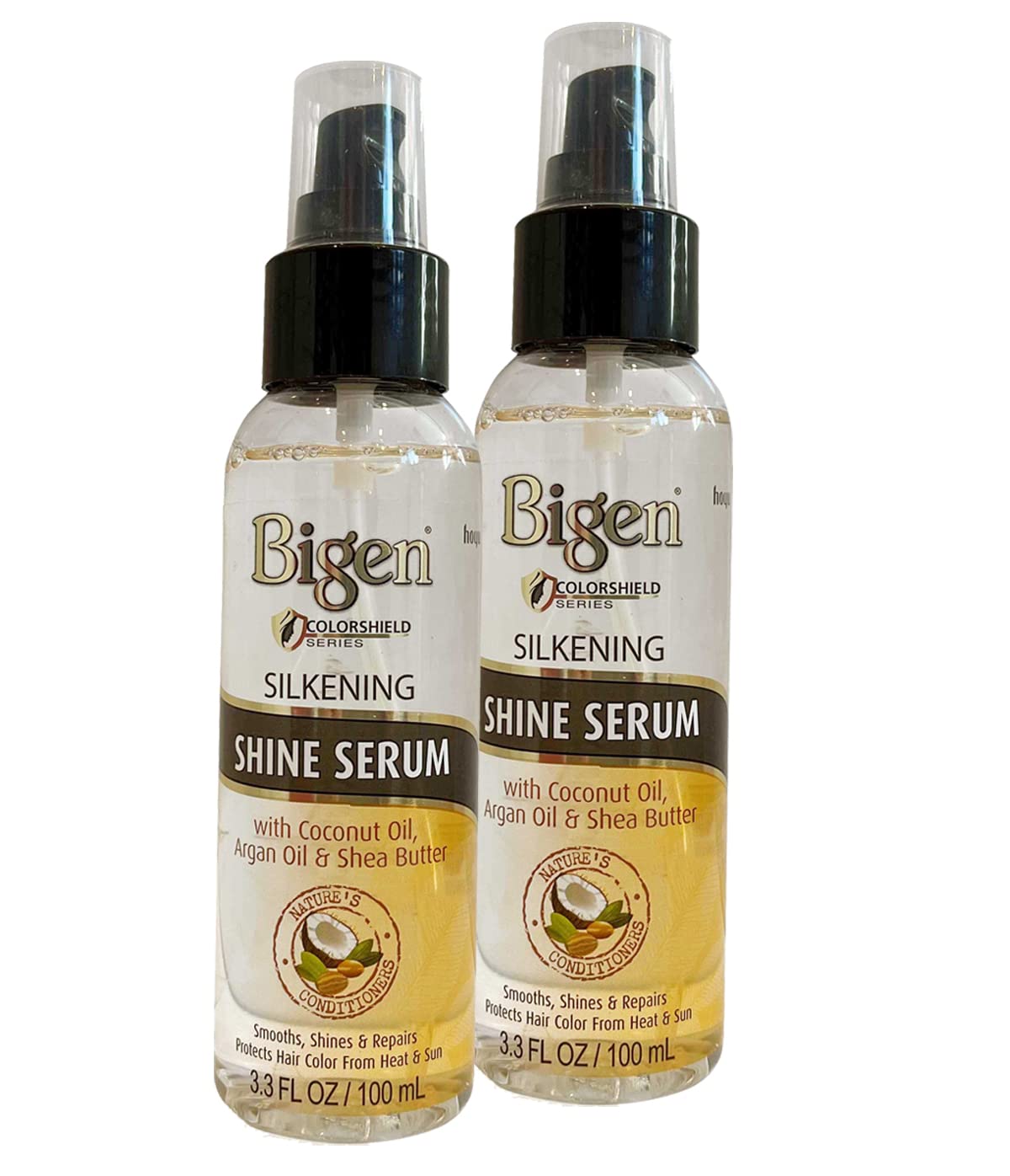 Bigen Silkening Shine Serum bottle with 2-pack packaging for smooth, radiant hair.