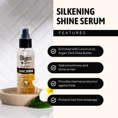 Vanity shot of Bigen Silkening Shine Serum bottle highlighting effortless styling.