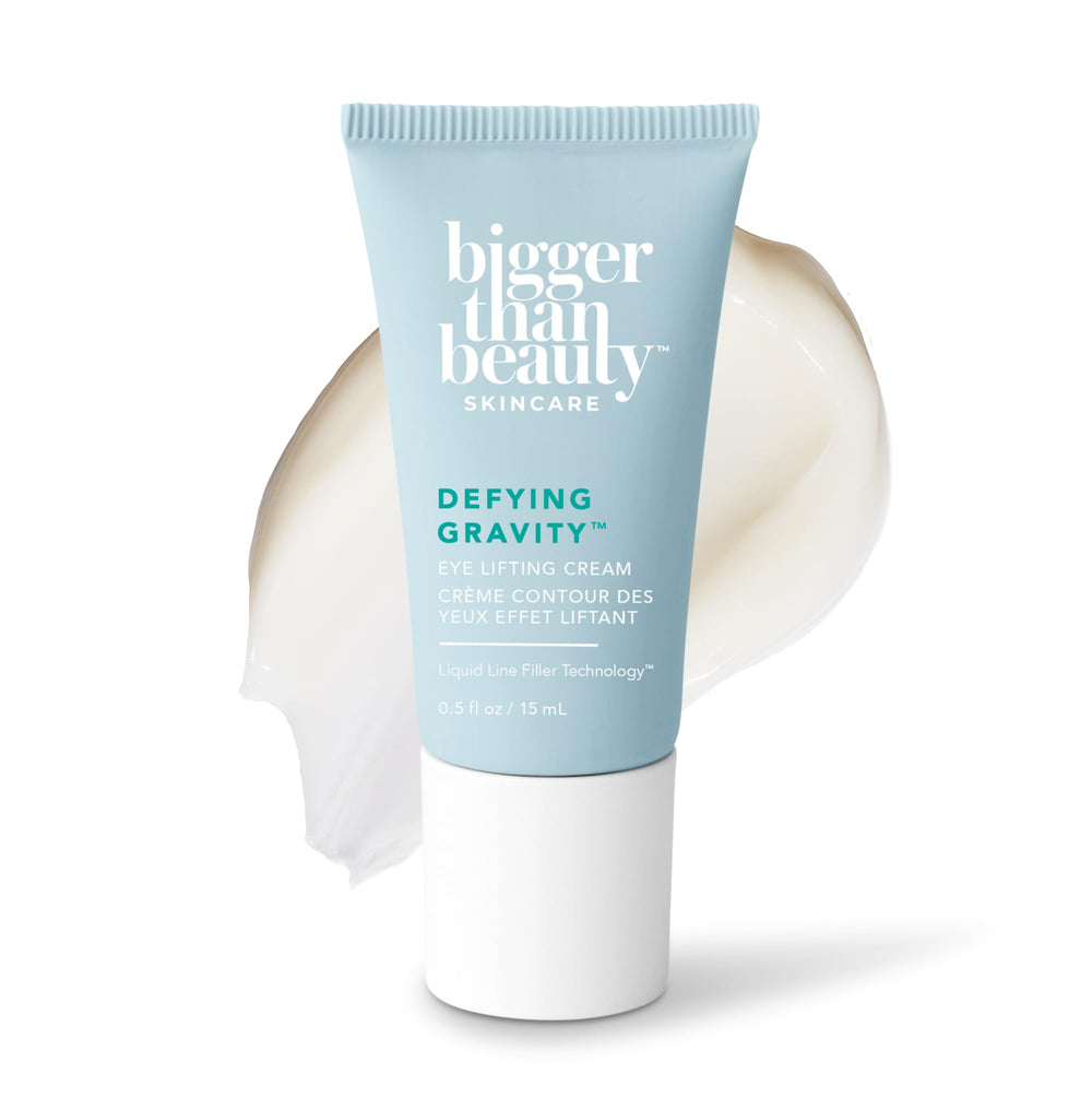 Bigger Than Beauty Defying Gravity eye lifting cream jar with silky texture and hydration.