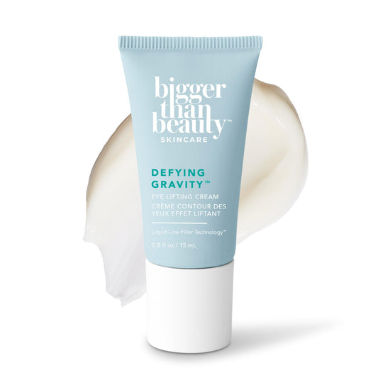 Bigger Than Beauty Defying Gravity eye lifting cream jar with silky texture and hydration.