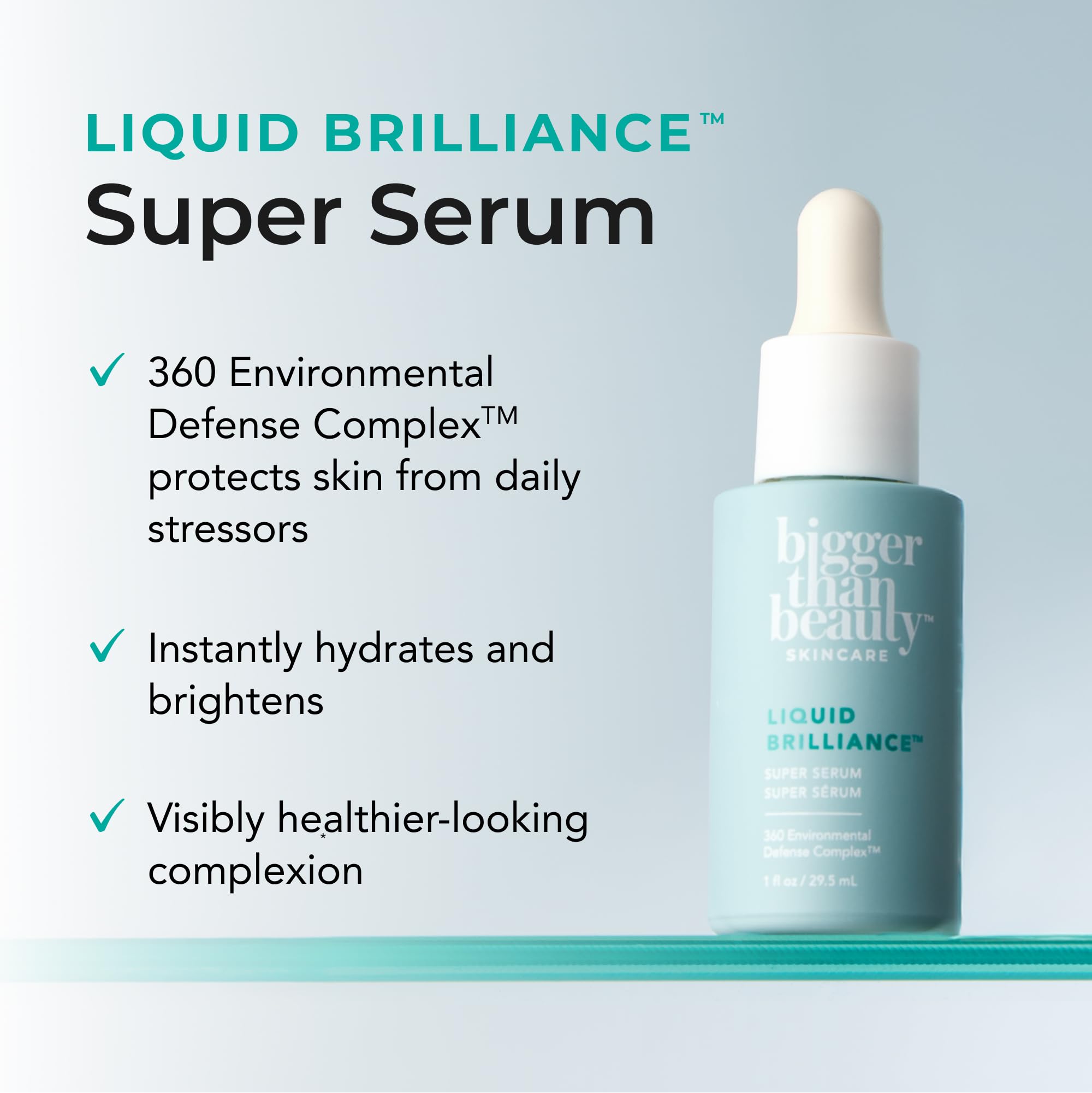 Bigger Than Beauty Liquid Brilliance serum being dispensed for quick, mess-free morning skincare.