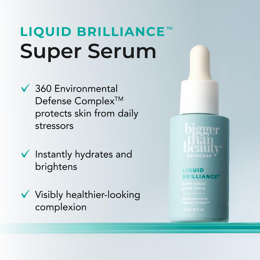 Bigger Than Beauty Liquid Brilliance serum being dispensed for quick, mess-free morning skincare.
