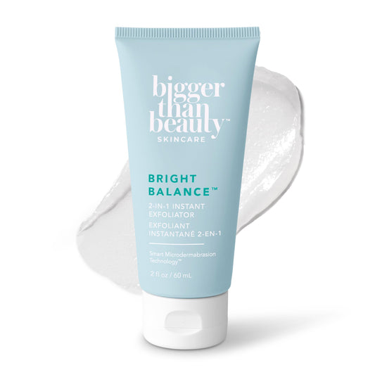 Bigger Than Beauty Bright Balance bottle with pour, ideal for quick at-home exfoliation and smooth skin.