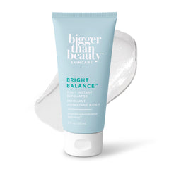 Bigger Than Beauty Bright Balance bottle with pour, ideal for quick at-home exfoliation and smooth skin.
