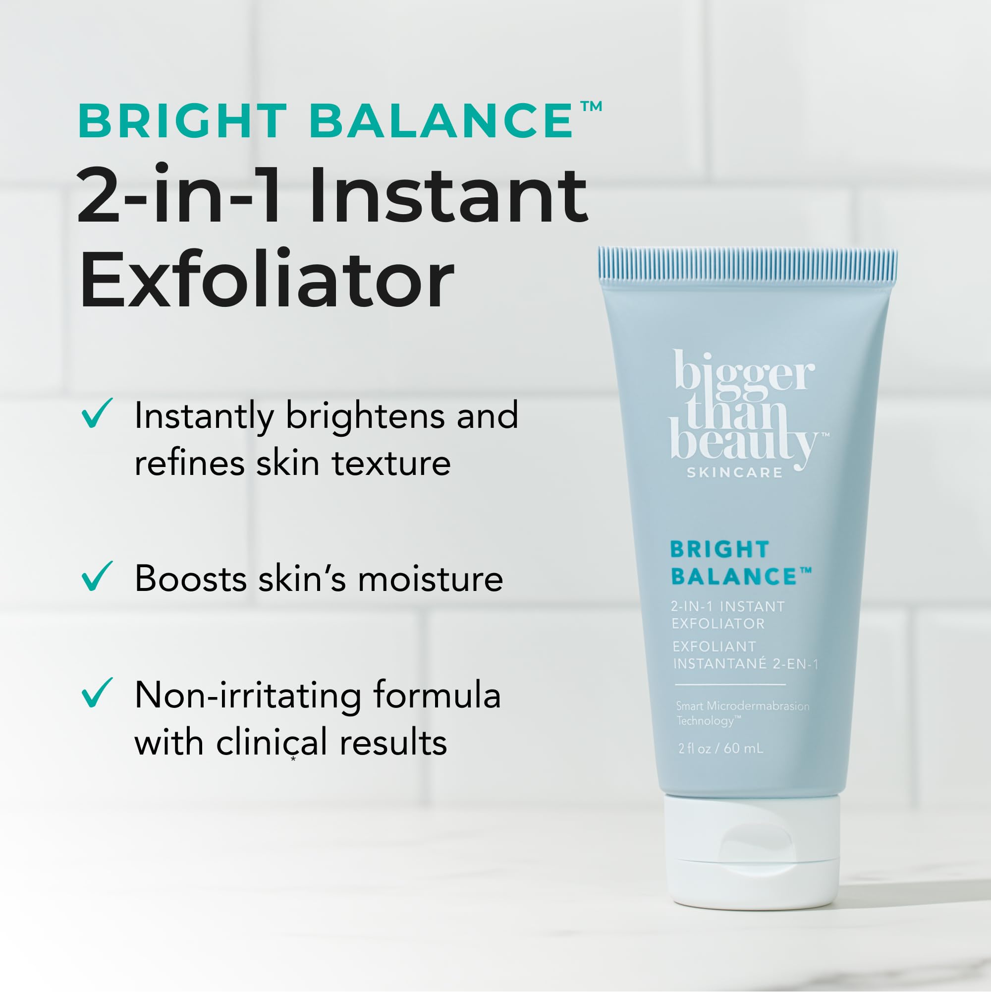 Bigger Than Beauty Bright Balance exfoliating particles reveal a gentle scrub for balanced texture.
