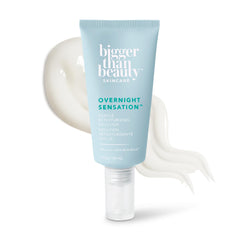 Bigger Than Beauty Overnight Sensation bottle close-up for smoother skin overnight.