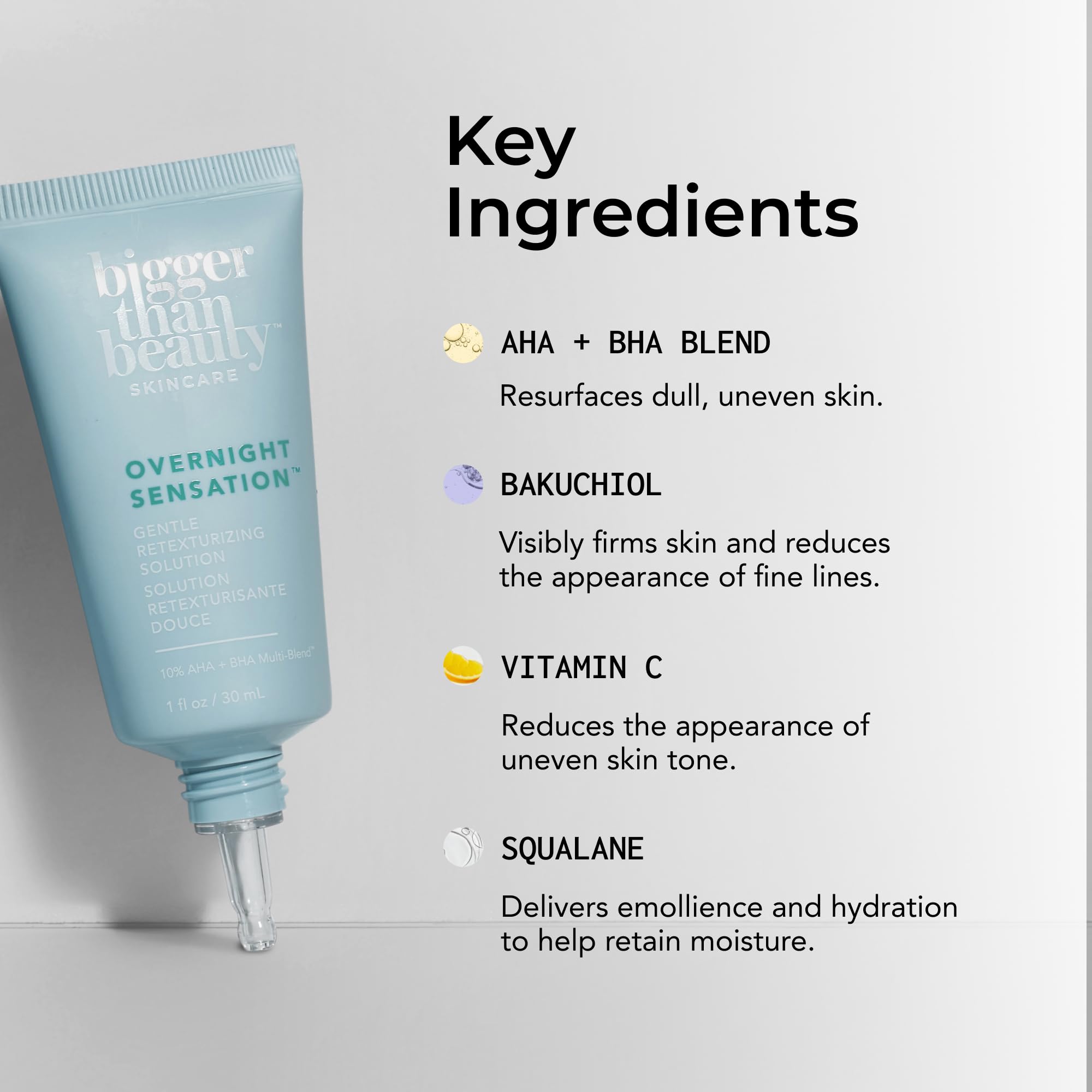 Bigger Than Beauty Overnight Sensation highlights AHAs, probiotics, and vitamin C benefits.