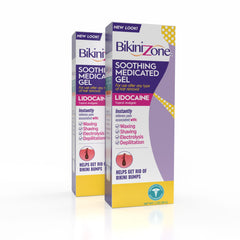 Bikini Zone medicated after shave gel bottle pour provides quick post shave relief