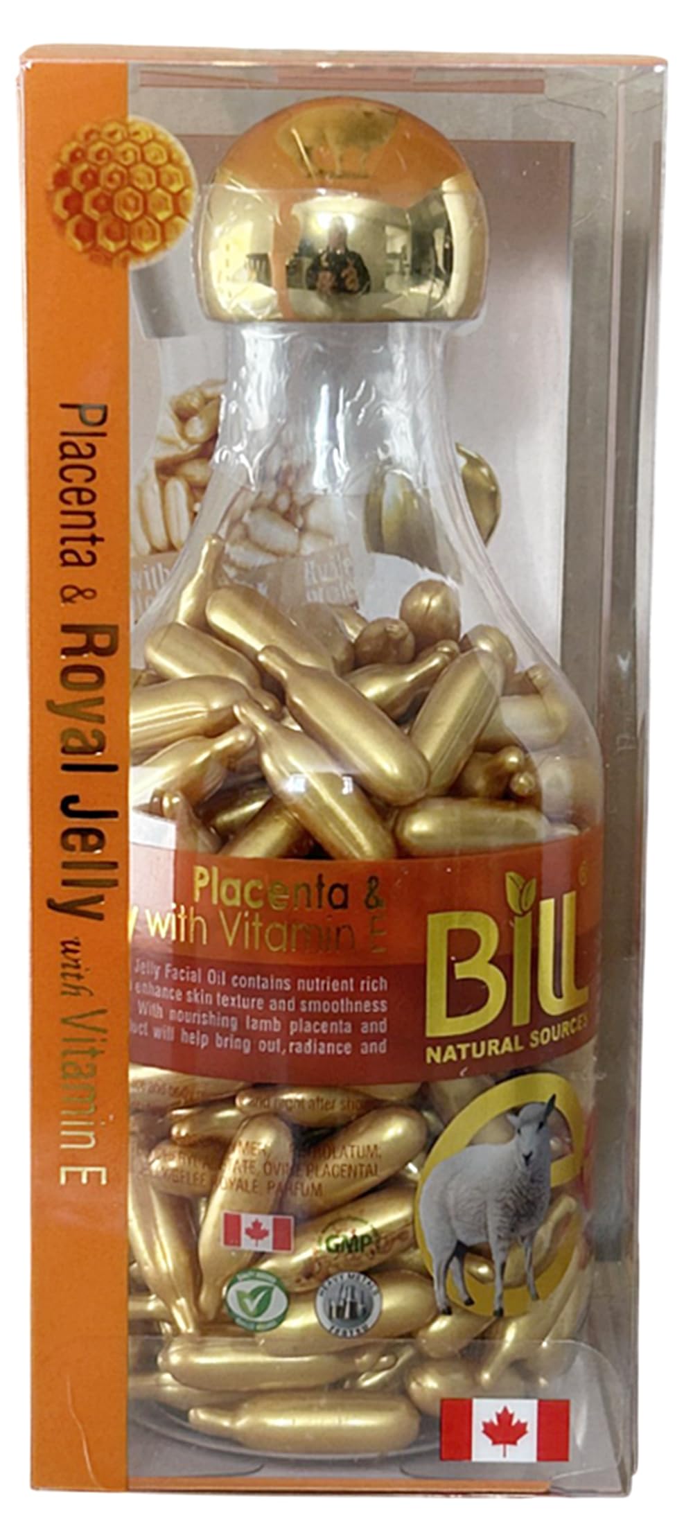 Bill Natural Sources Lamb Placenta face oil bottle on vanity, smoothing skin.
