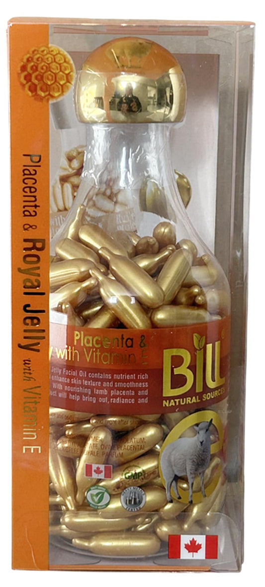 Bill Natural Sources Lamb Placenta face oil bottle on vanity, smoothing skin.