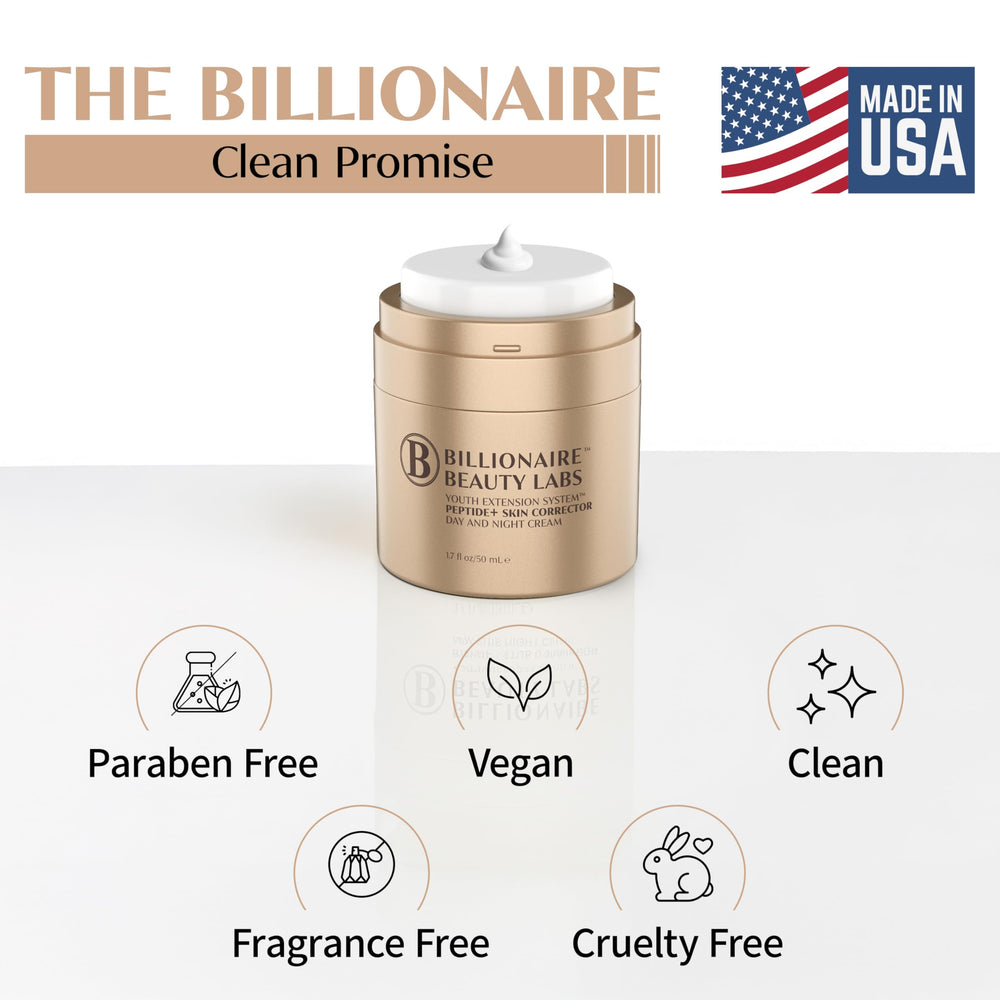 Billionaire Beauty Labs ingredients panel features peptides, hyaluronic acid, and nourishing oils.