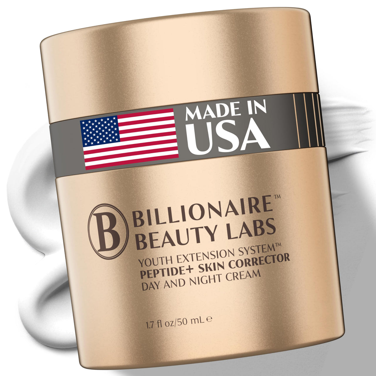 Billionaire Beauty Labs peptide face cream jar conveys rich hydration for daily use.