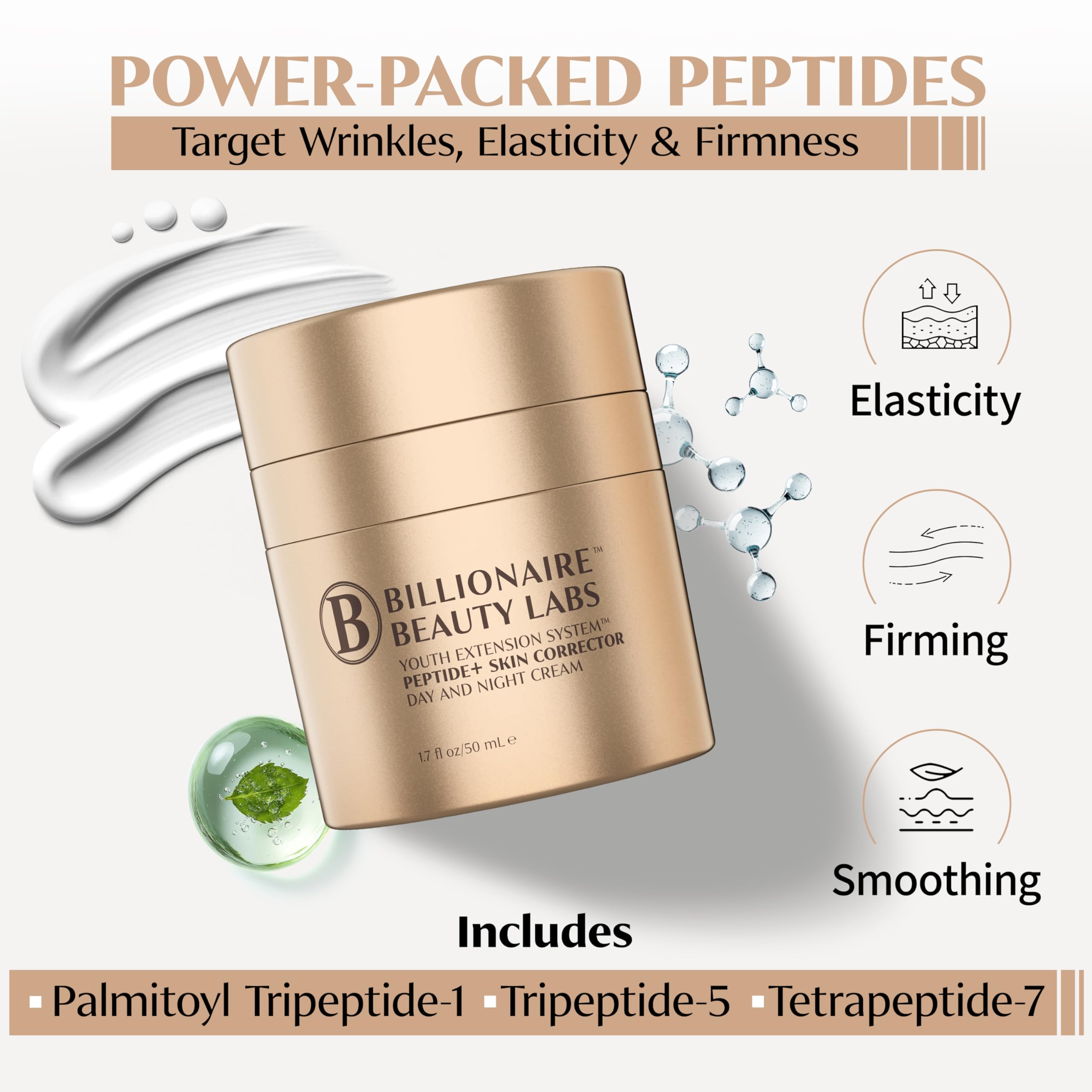Billionaire Beauty Labs peptide face cream label highlights fragrance-free, vegan, and cruelty-free promise.