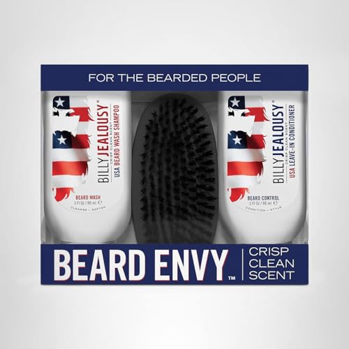Lifestyle shot of Billy Jealousy Beard Envy USA kit on a well-groomed beard.