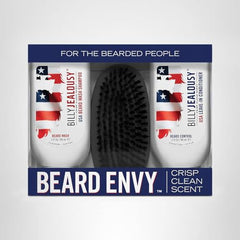 Lifestyle shot of Billy Jealousy Beard Envy USA kit on a well-groomed beard.