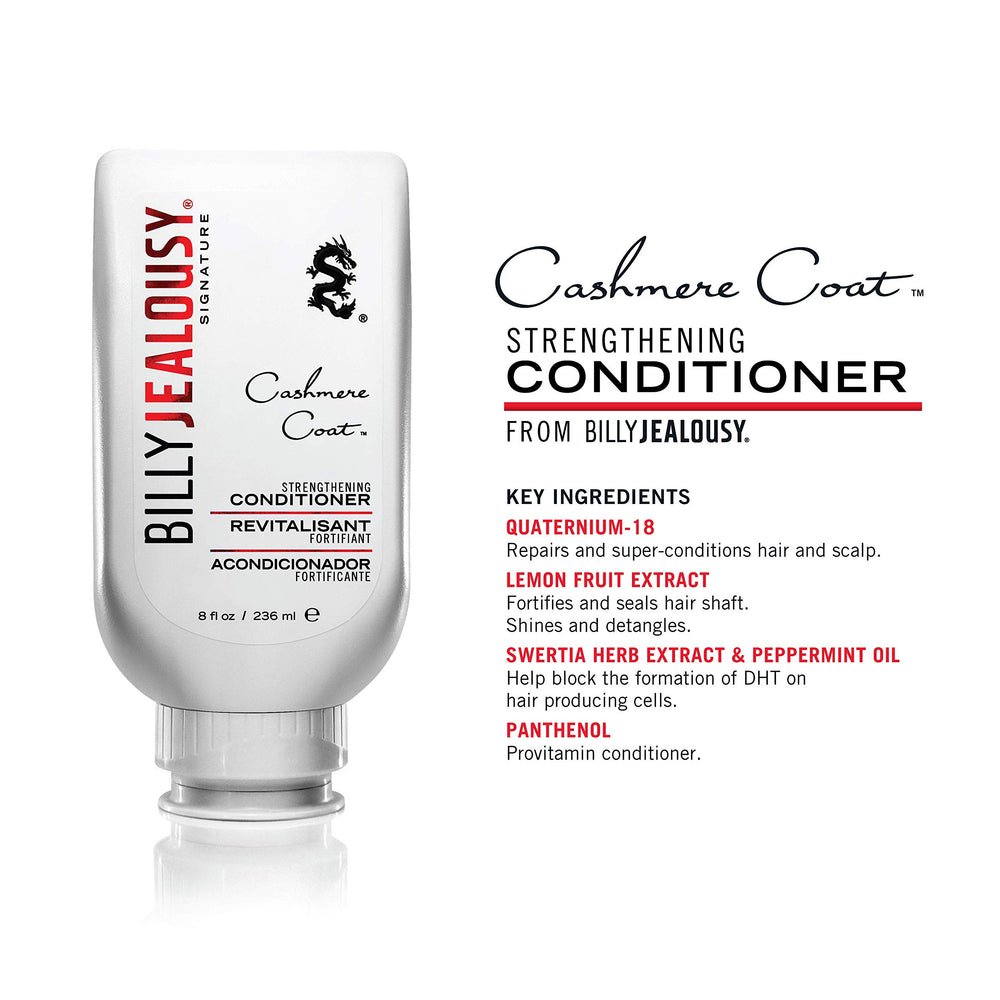Billy Jealousy Cashmere Coat label close-up—DHT-blocking ingredients for stronger hair.