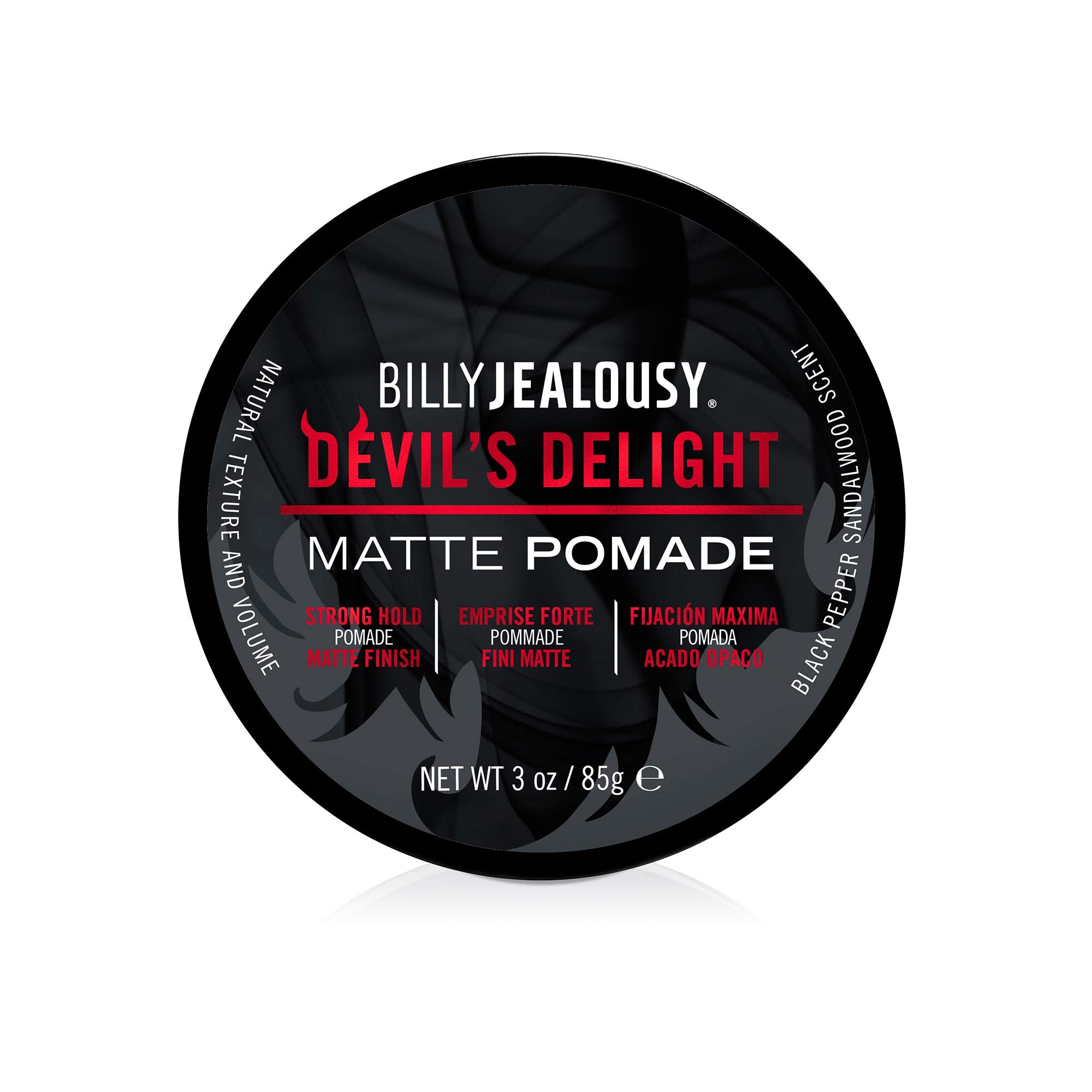 Billy Jealousy Devil's Delight matte pomade jar with strong hold and matte finish.