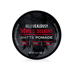 Billy Jealousy Devil's Delight matte pomade jar with strong hold and matte finish.