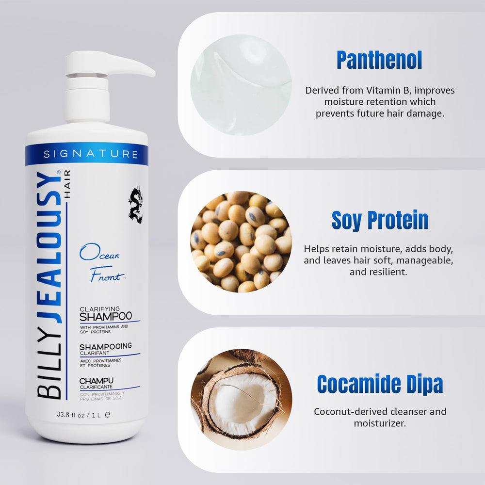 Billy Jealousy Ocean Front label closeup highlights paraben-free formula for scalp refreshment.