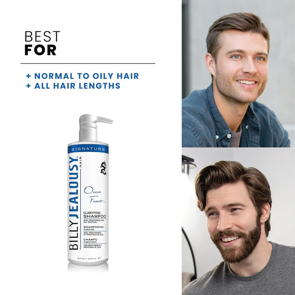 Billy Jealousy Ocean Front bottle on shelf suggests paraben-free formula for healthy scalp.