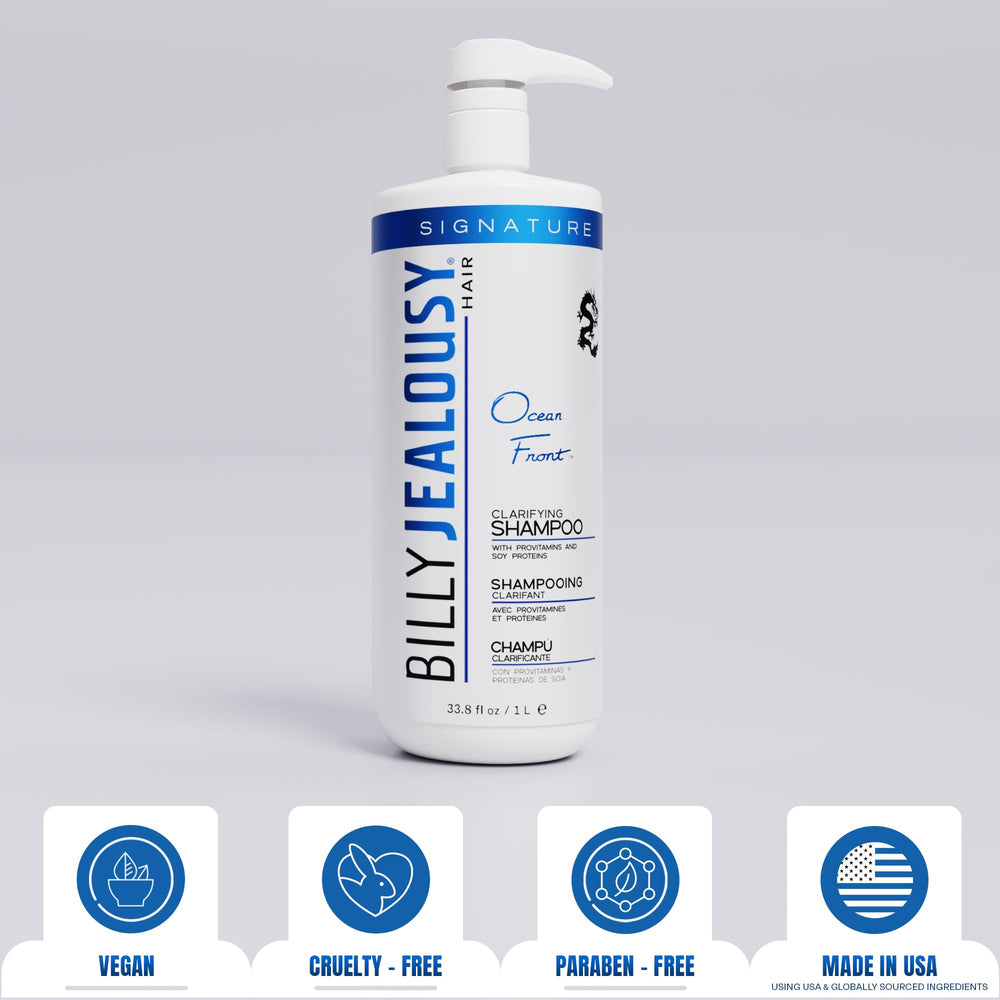Billy Jealousy Ocean Front clarifying shampoo pour demonstrates quick lather and buildup removal.