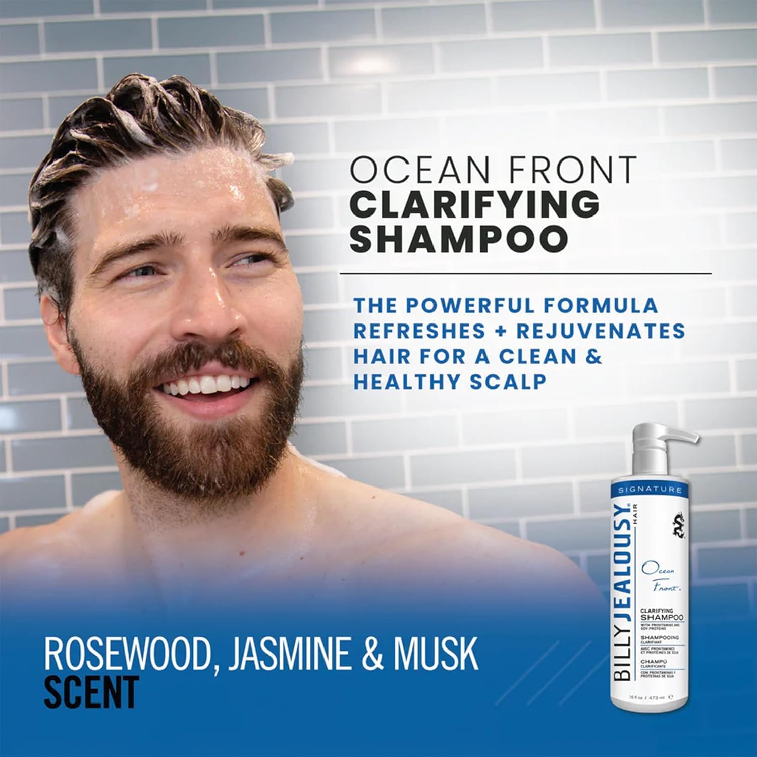 Billy Jealousy Ocean Front bottle highlights soy protein for moisture and body.