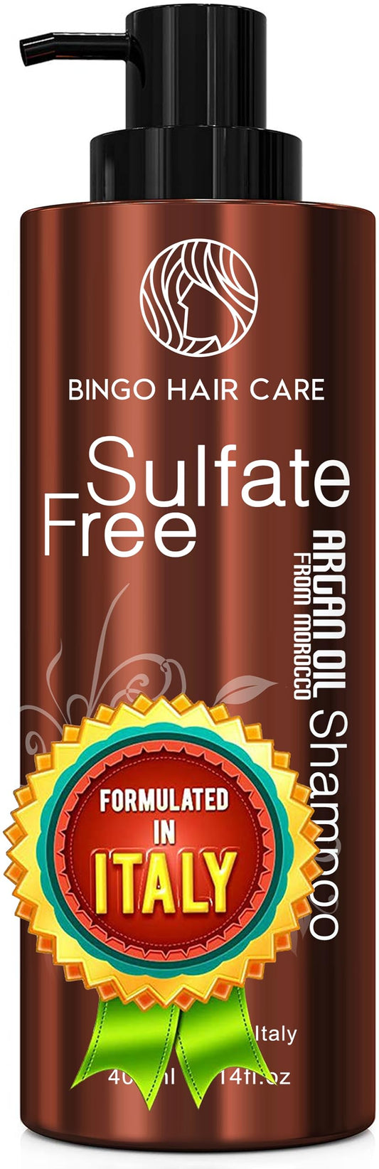 BINGO Hair Care Moroccan Argan Oil Shampoo bottle highlights shine and hydration.