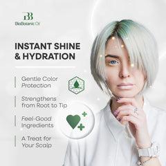 Bio Botanic Oil bottle color-protection shot highlights preserved vibrancy for dyed hair.