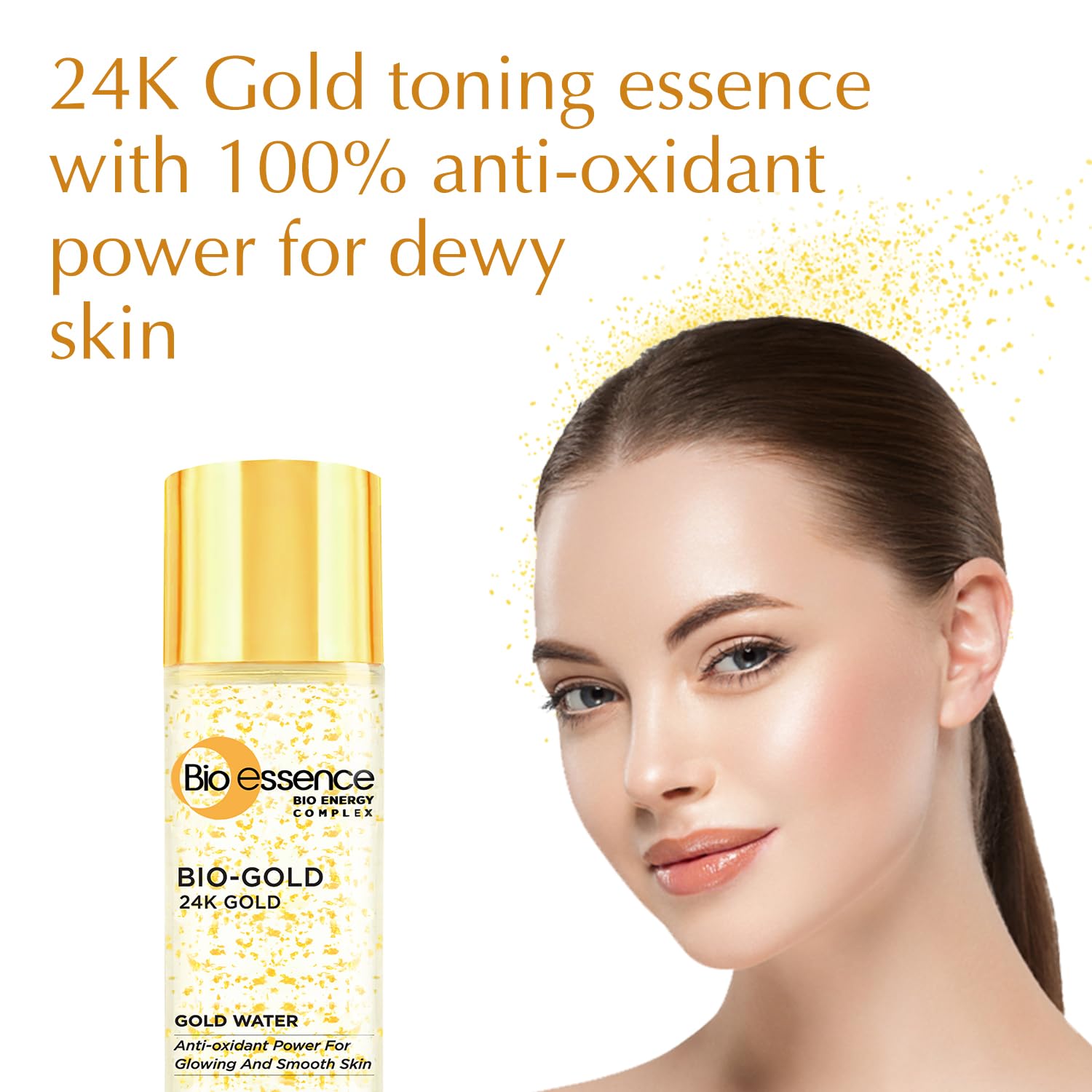 Macro shot of 24K gold particles highlighting a luxurious skincare effect