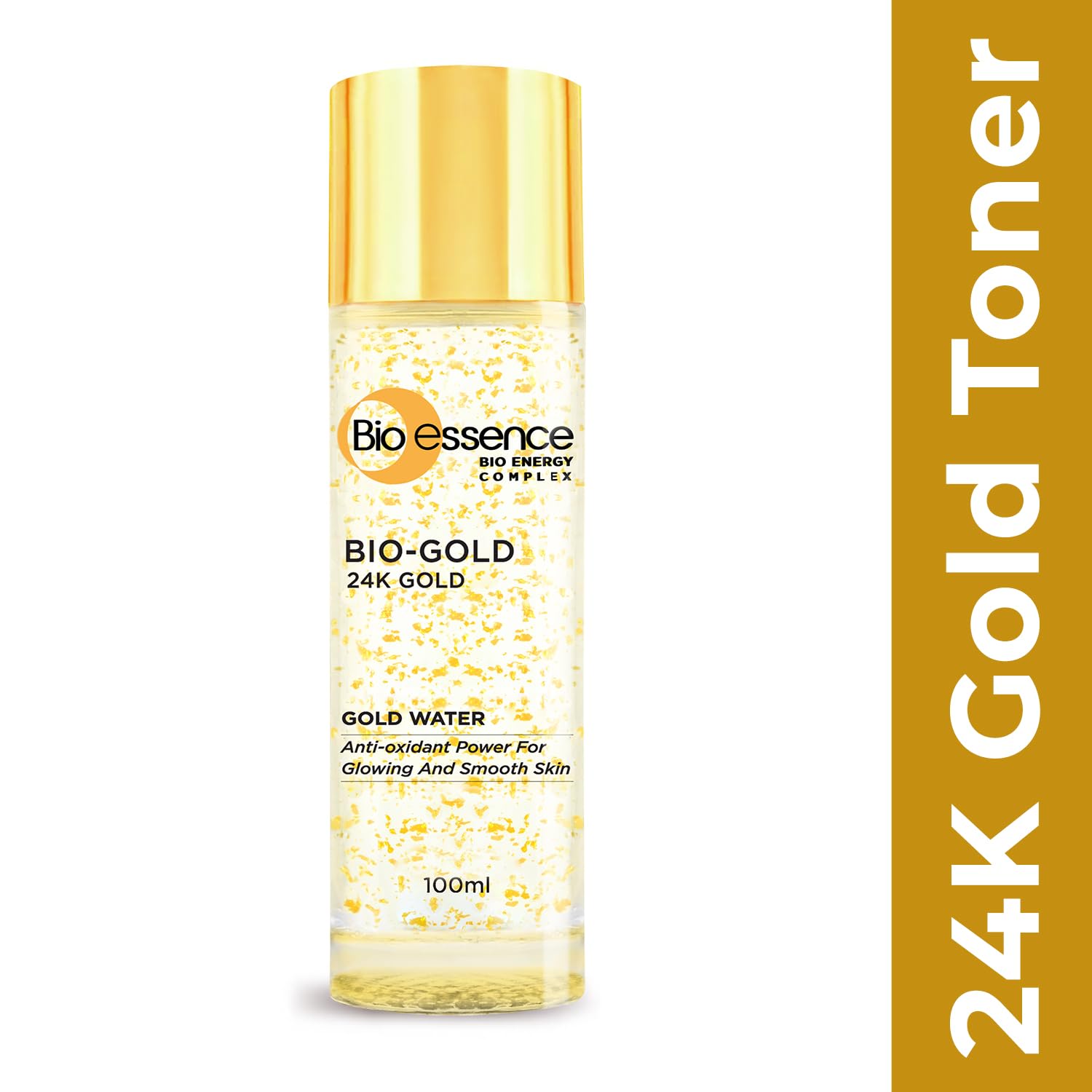 Close-up pour of Bio-Gold Water ready for a glow-boosting ritual