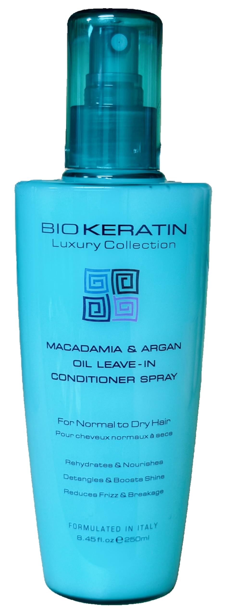 Bio Keratin leave-in spray with macadamia and argan for smoother, shinier hair.