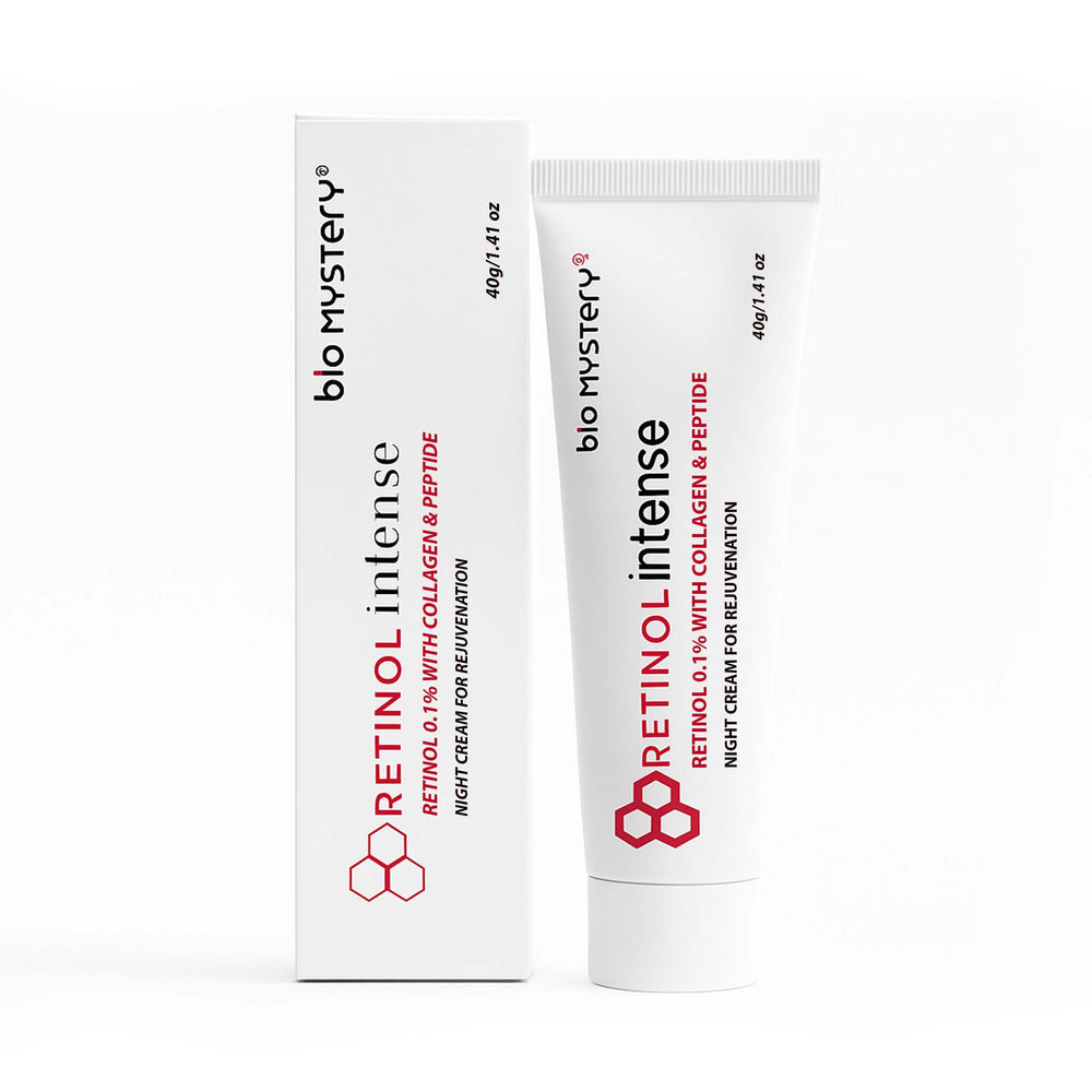 Bio Mystery Retinol 0.1% cream being applied, quick absorption and non-greasy feel.