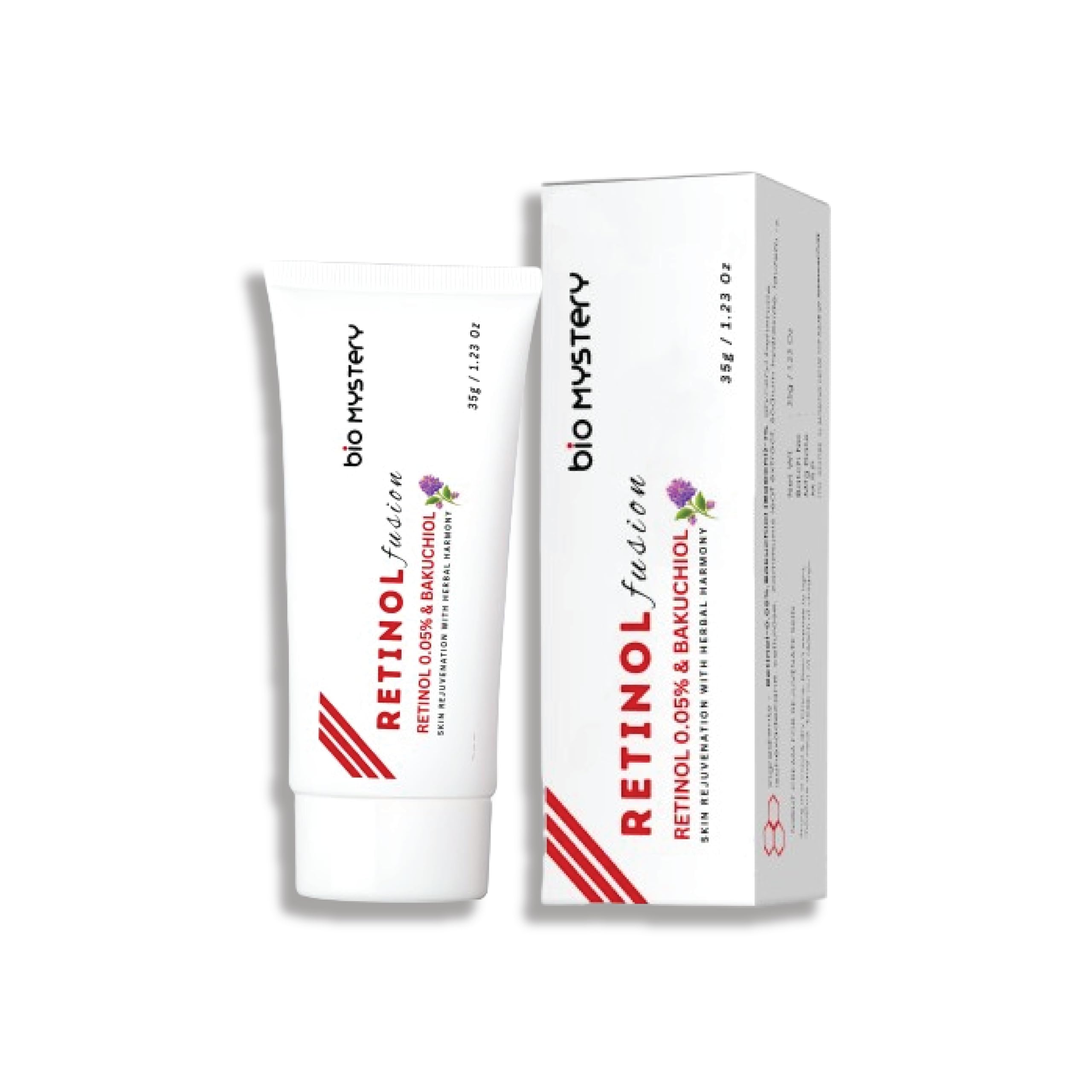 Bio Mystery Retinol Fusion Cream packaging box highlights retinol and bakuchiol blend
