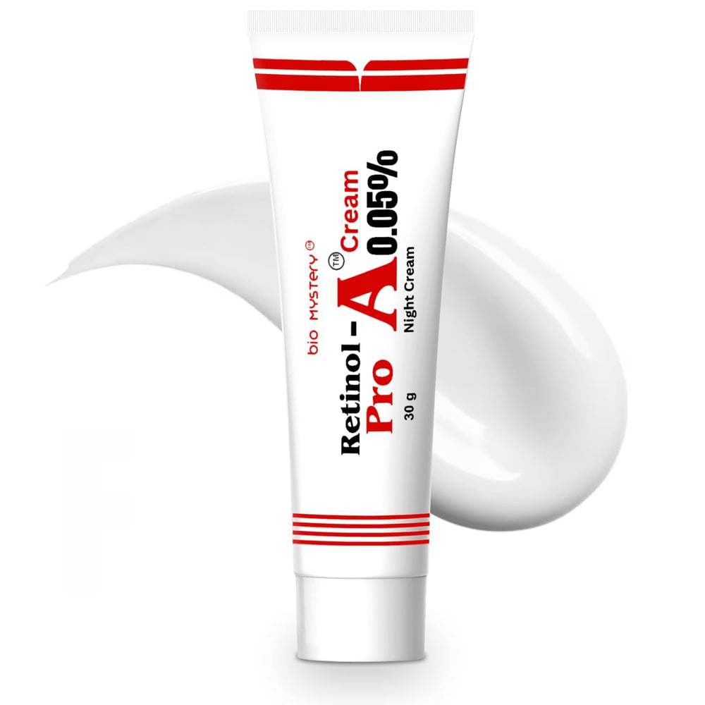 Bio Mystery Retinol Pro 0.05 bottle pouring highlight for overnight skincare.