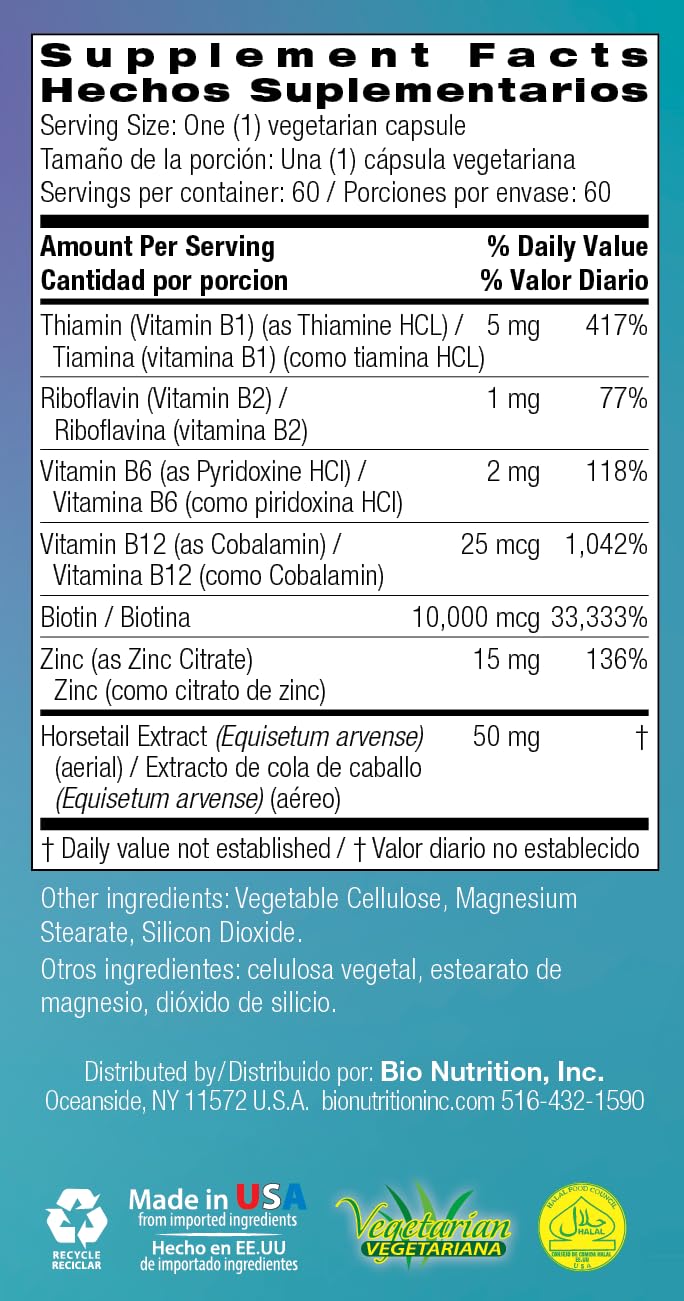 Bio Nutrition Healthy Hair Biotin Vegi-Caps nutrition facts panel communicates vitamin content