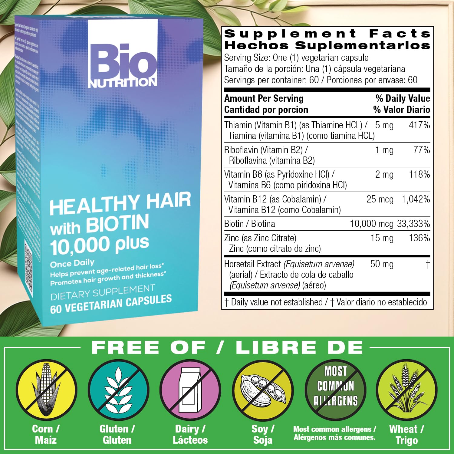 Bio Nutrition Healthy Hair Biotin Vegi-Caps packaging showcases vegetarian formula
