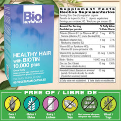 Bio Nutrition Healthy Hair Biotin Vegi-Caps packaging showcases vegetarian formula