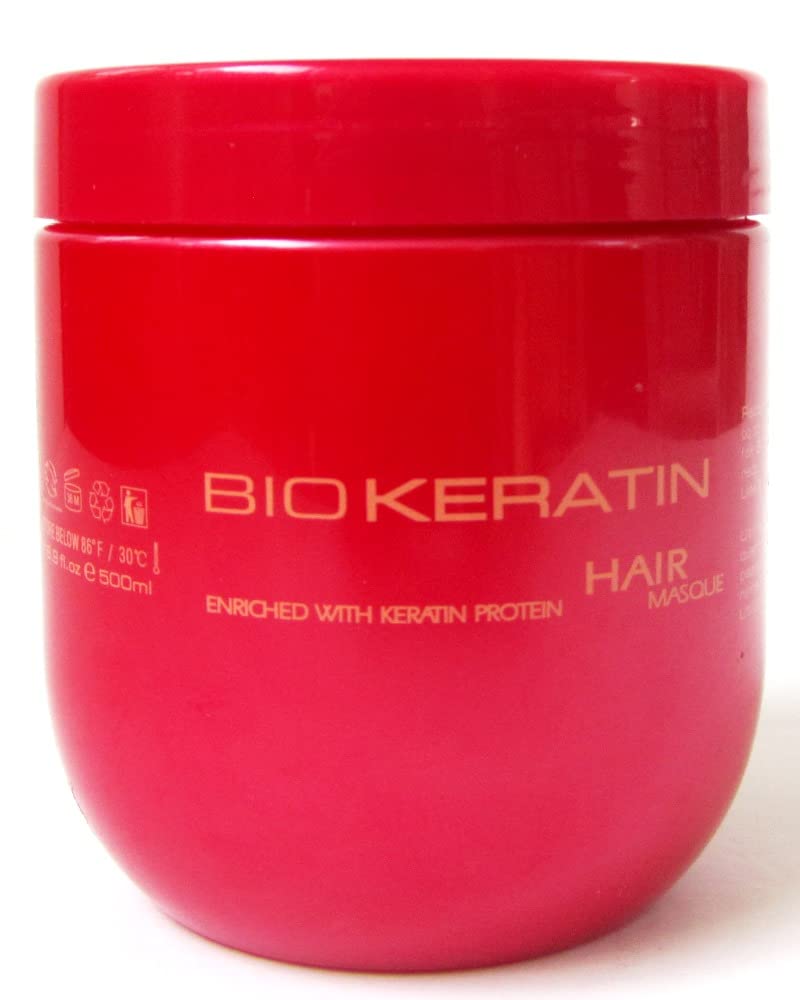 Bio PureOils Keratin Luxury Masque jar with silky frizz-control cream.