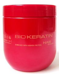 Bio PureOils Keratin Luxury Masque jar with silky frizz-control cream.