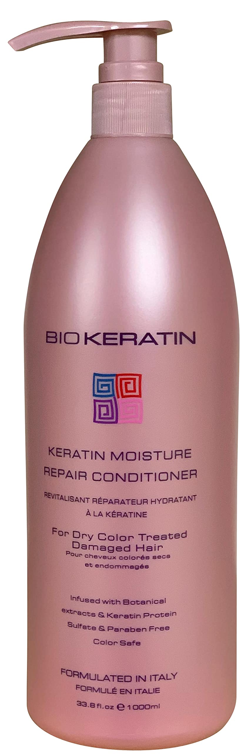 Bio PureOils Keratin Moisture Repair Conditioner bottle promotes smoother, frizz-free color-treated hair.