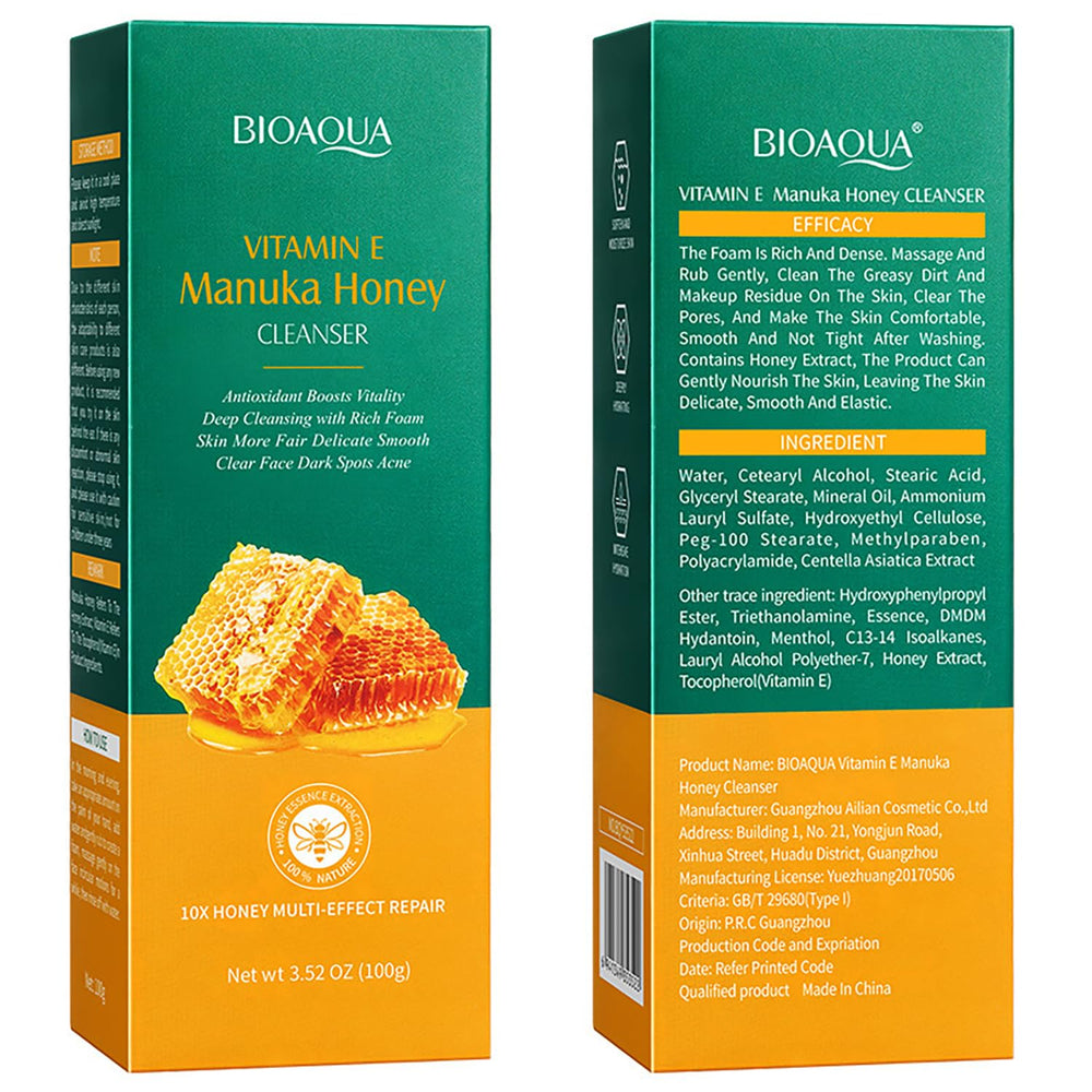 BIOAQUA Manuka Honey Cleanser minimalist packaging on a vanity setup.