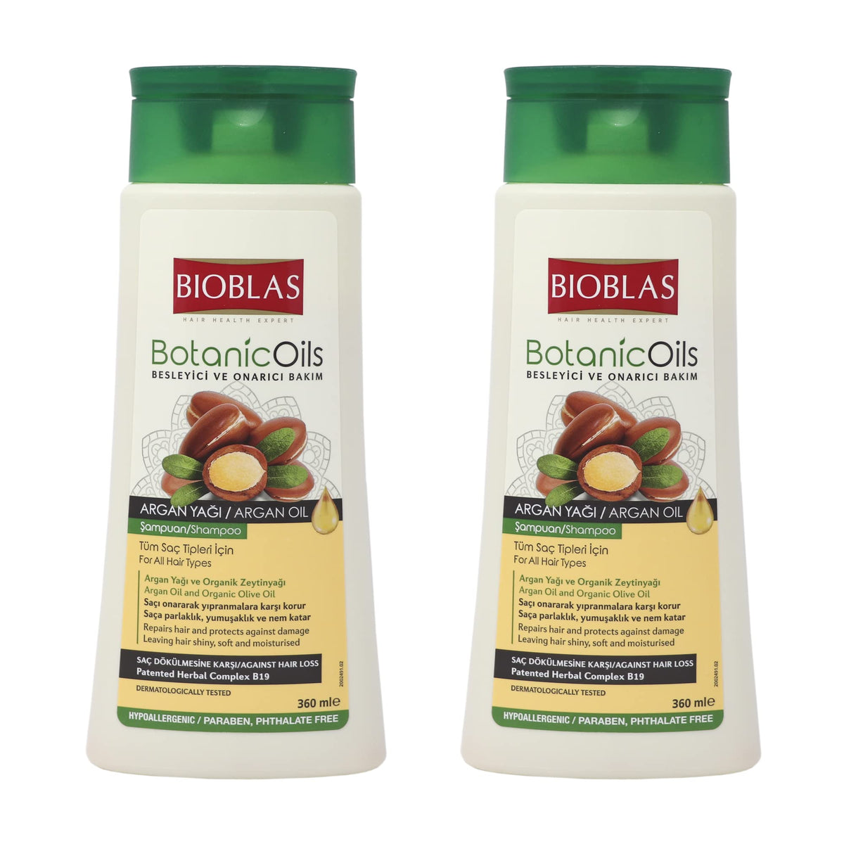 BIOBLAS Argan Oil & Organic Olive Oil Shampoo bottle demonstrates hydrating formula for all hair types.