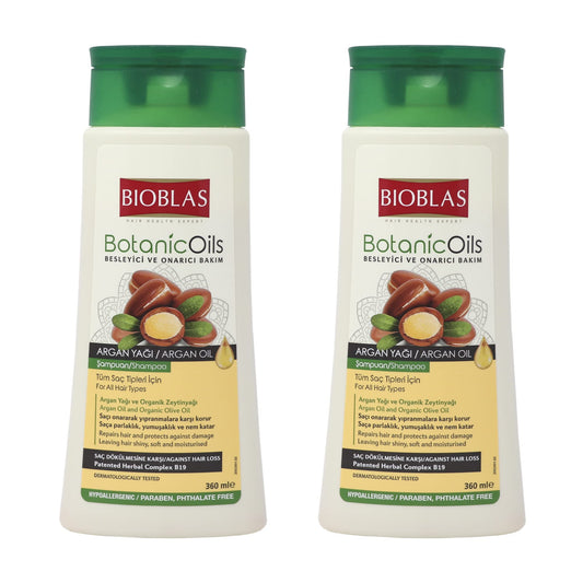 BIOBLAS Argan Oil & Organic Olive Oil Shampoo bottle demonstrates hydrating formula for all hair types.
