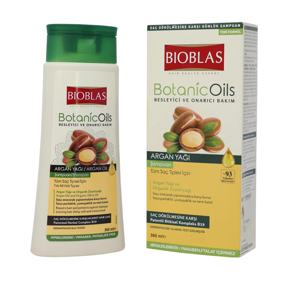 BIOBLAS Argan Oil & Organic Olive Oil Shampoo label closeup highlights hypoallergenic and dye-free promise.