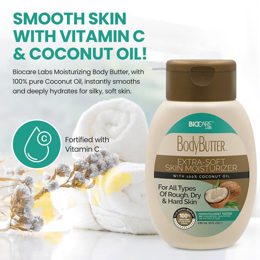 Biocare Labs Moisturizing Body Butter with coconut oil provides natural nourishment.