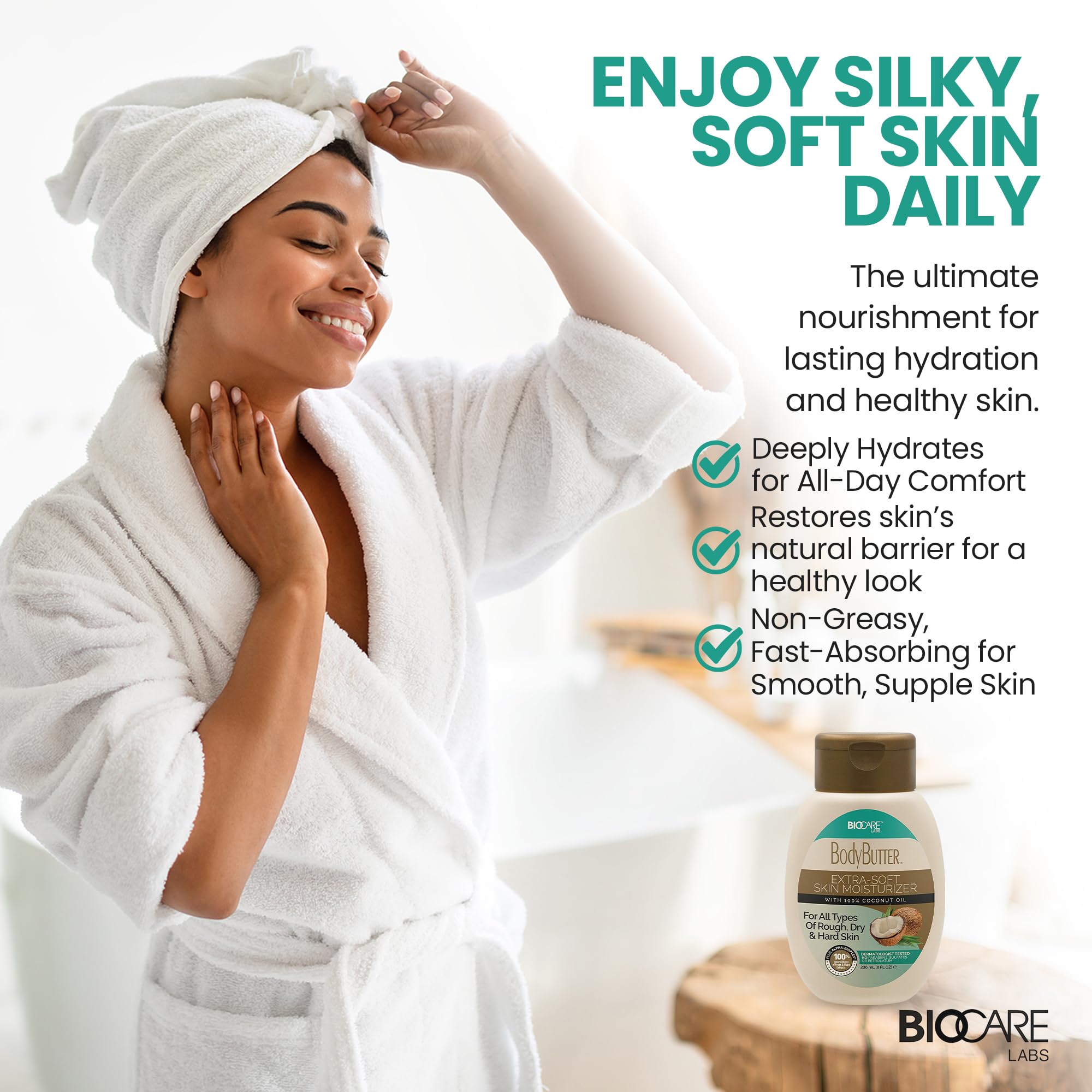 Biocare Labs Moisturizing Body Butter packaging highlights easy-to-use design.