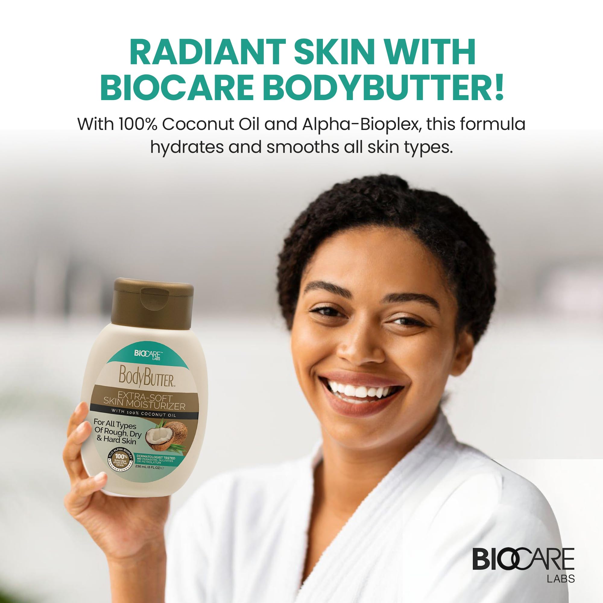 Biocare Labs Moisturizing Body Butter texture swatch demonstrates creamy, spreadable consistency.
