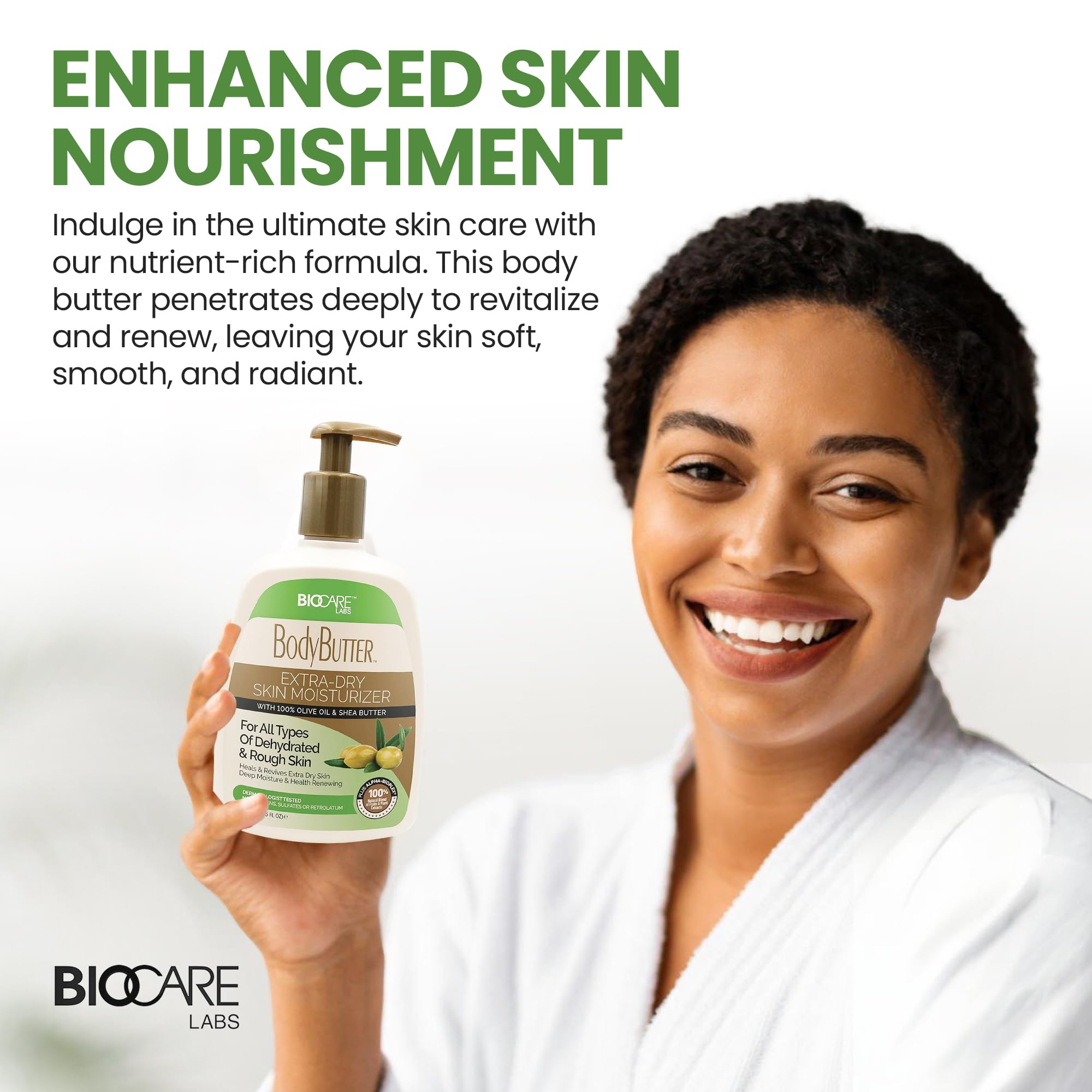 Biocare Labs Sheabutter and Olive Oil ingredients displayed to highlight nourishing formula.