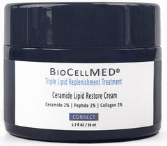 BIOCELLMED Triple Lipid Restore Ceramide Cream jar demonstrates a rich night treatment for plump, radiant skin.